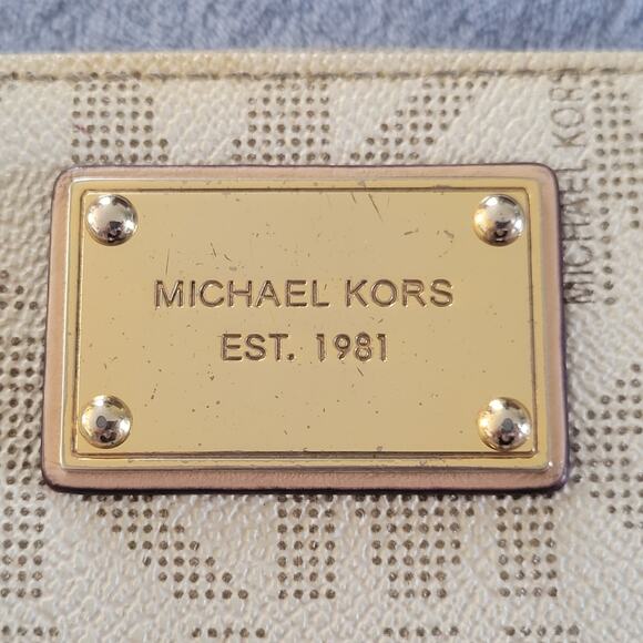 Michael Kors Jet Set Signature Zip Around Bifold Wallet Tan/Cream 8 Card Slots - Picture 4 of 13